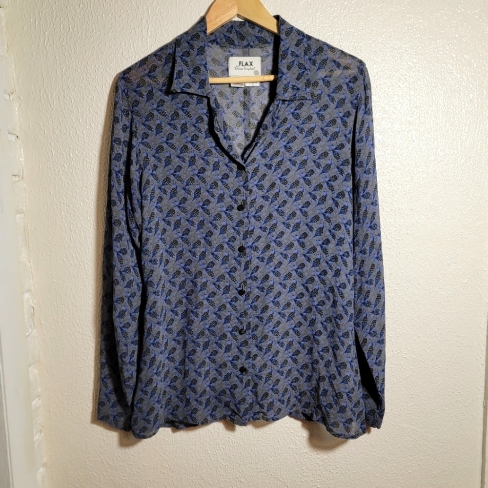 FLAX Floral Printed Button Down Tunic Blouse sz S/M Blue Artsy Lagenlook